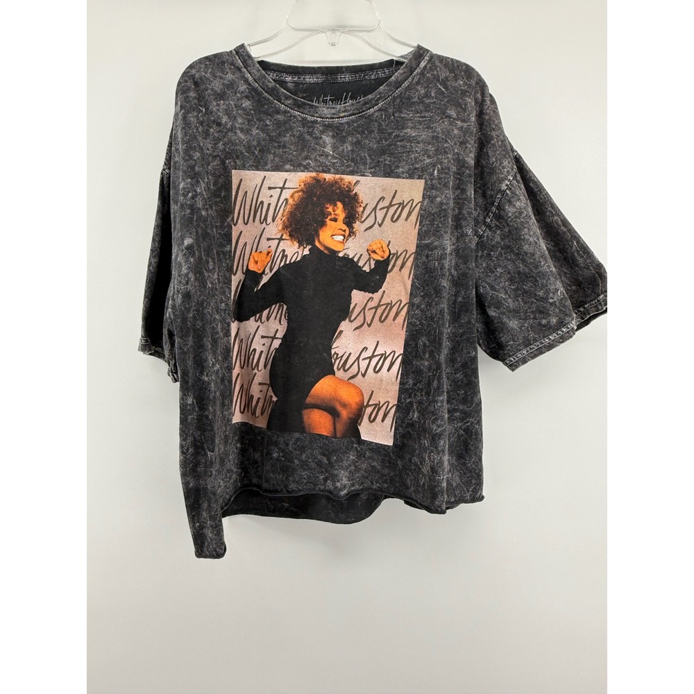 2002 Whitney‎ Houston Mineral Wash Graphic T-Shirt Charcoal Grey Raw Hem Large